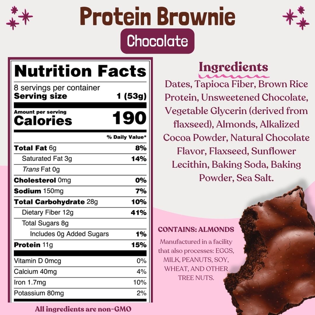 Nutrition facts panel showing 190 calories and 11g protein per 53g serving, plus ingredients for Chocolate Protein Brownie