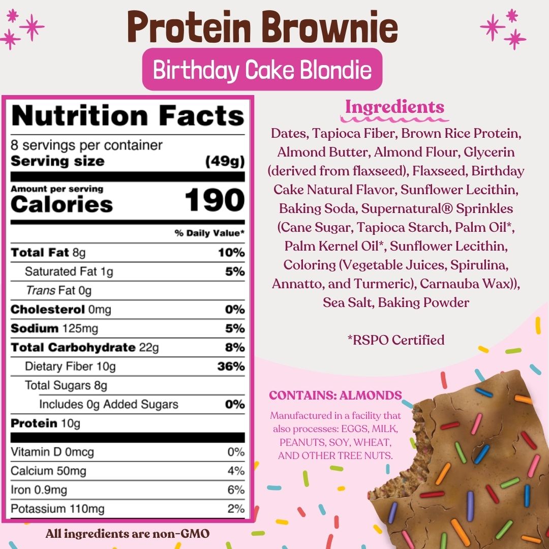 Nutrition label showing Birthday Cake Blondie protein brownie 190 cal per 49g, 10g protein, 10g fiber, contains almonds
