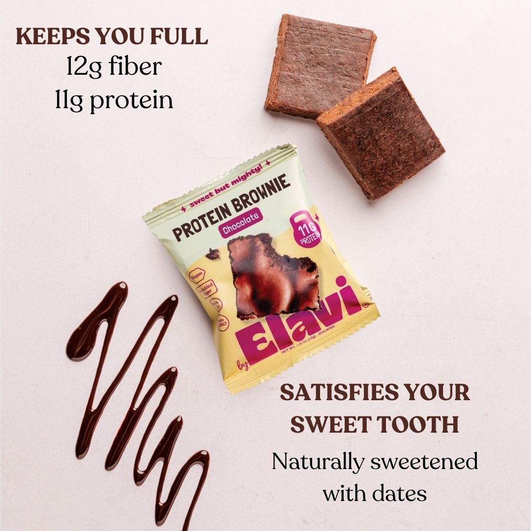 Top-down view of Elavi protein brownie pack and two brownie squares, showing 12g fiber, 11g protein on pale background