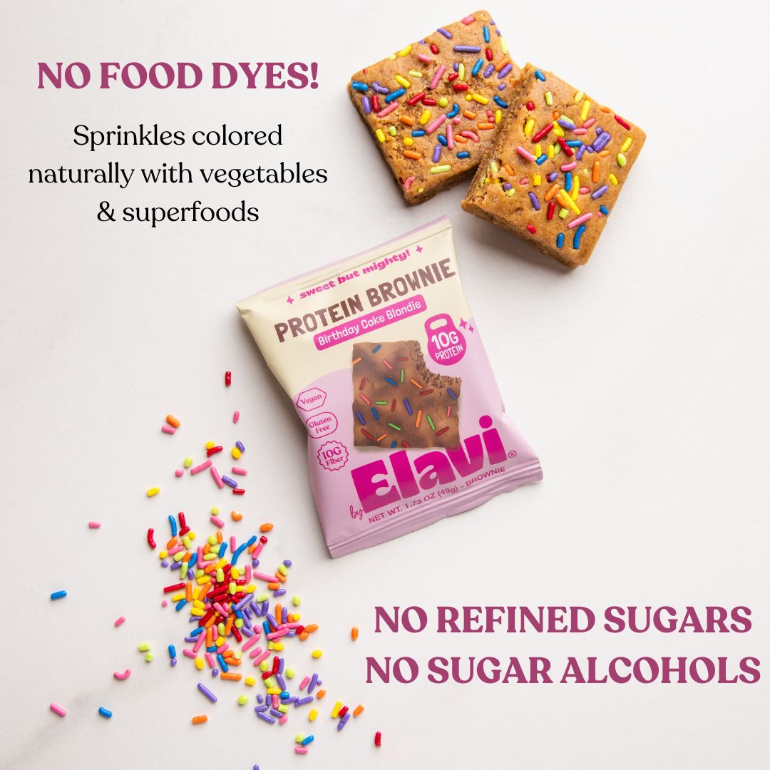 Elavi Protein Brownie package with sprinkles; overlay text NO FOOD DYES! and NO REFINED SUGARS NO SUGAR ALCOHOLS