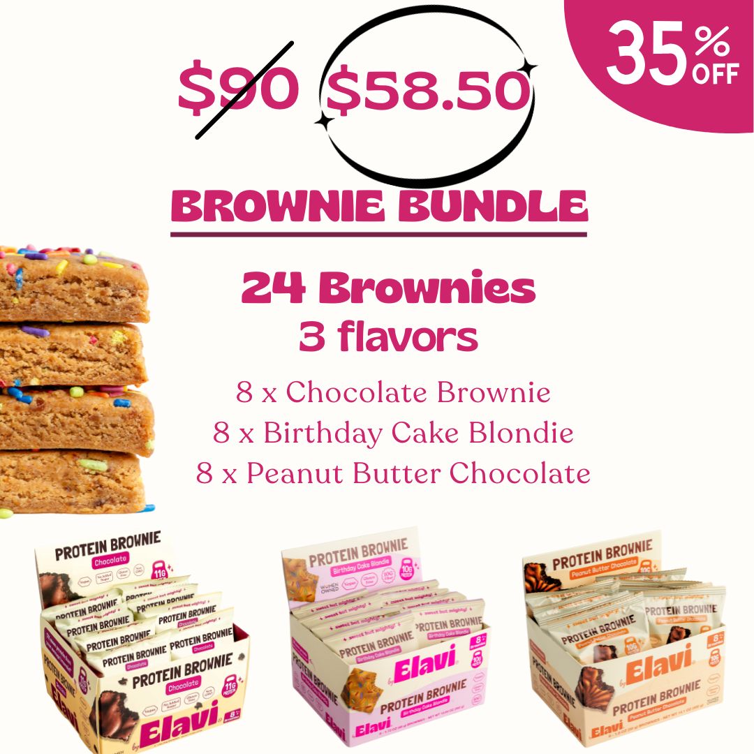 Front view of Protein Brownie 3 Flavor Bundle showing three boxed flavors and a pink 35 percent off banner
