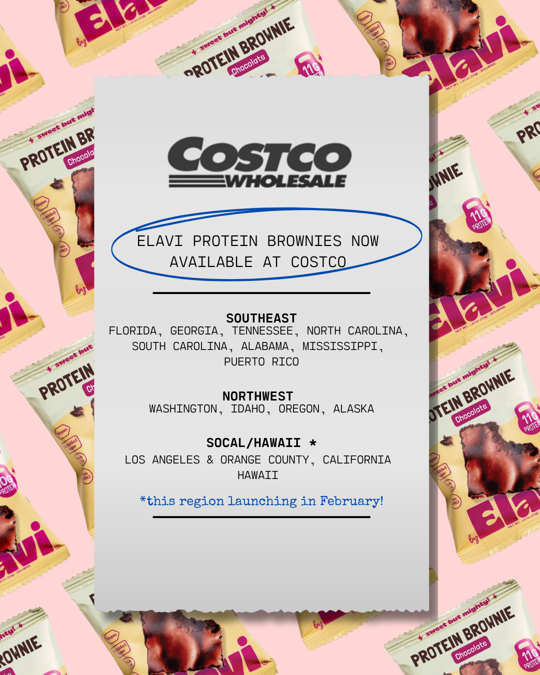 Promotional poster announcing Elavi protein brownies now available at Costco in Southeast, Northwest, and SoCal/Hawaii regions; SoCal/Hawaii launching in February