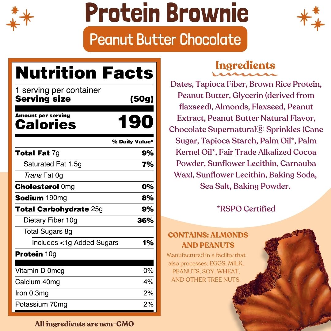 Protein Brownie Peanut Butter Chocolate nutrition and ingredients: 190 cal per 50g, 10g protein, contains almonds and peanuts