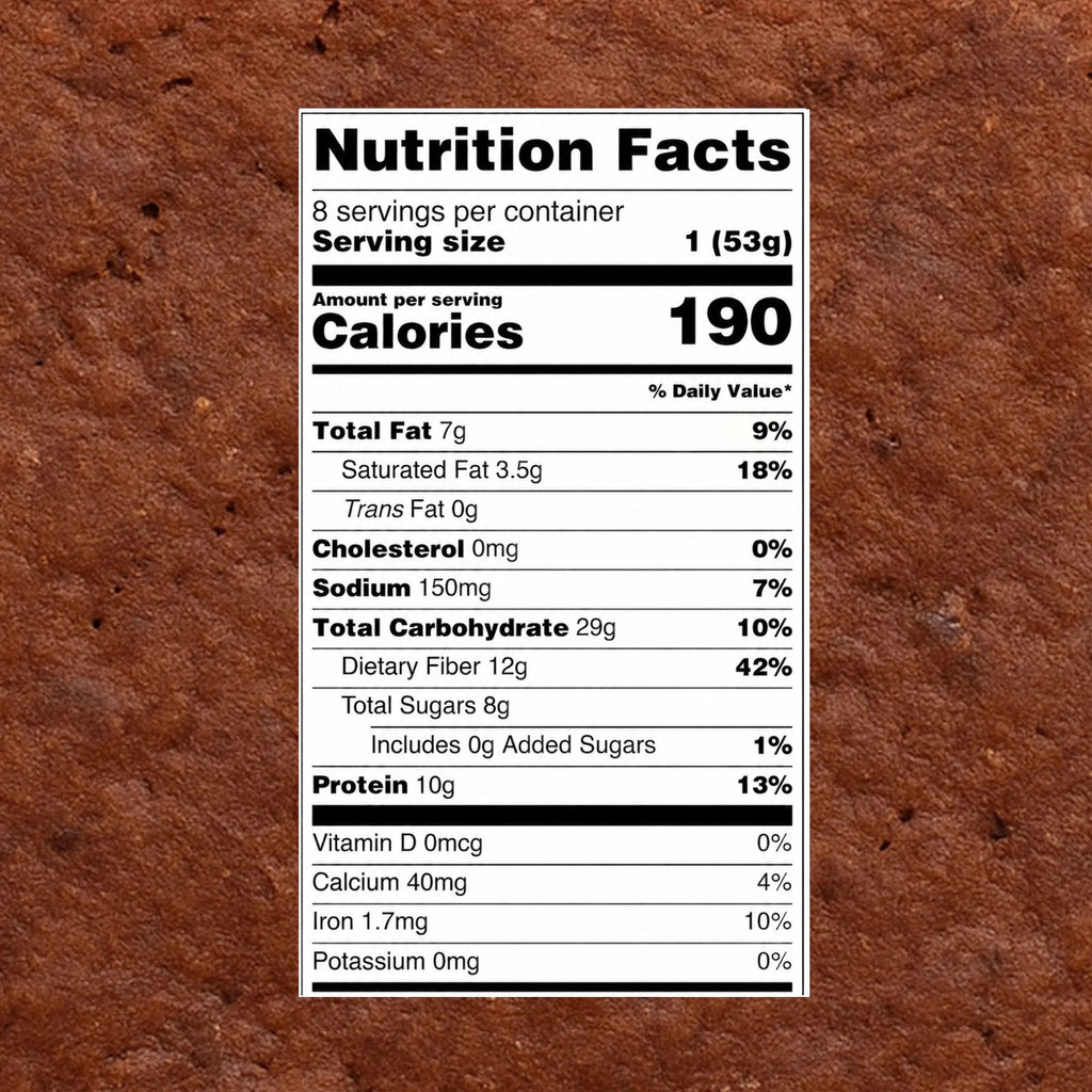 Elavi Chocolate Protein Brownie Nutrition Facts image.  190 Calories.  10g protein.  12g Fiber.