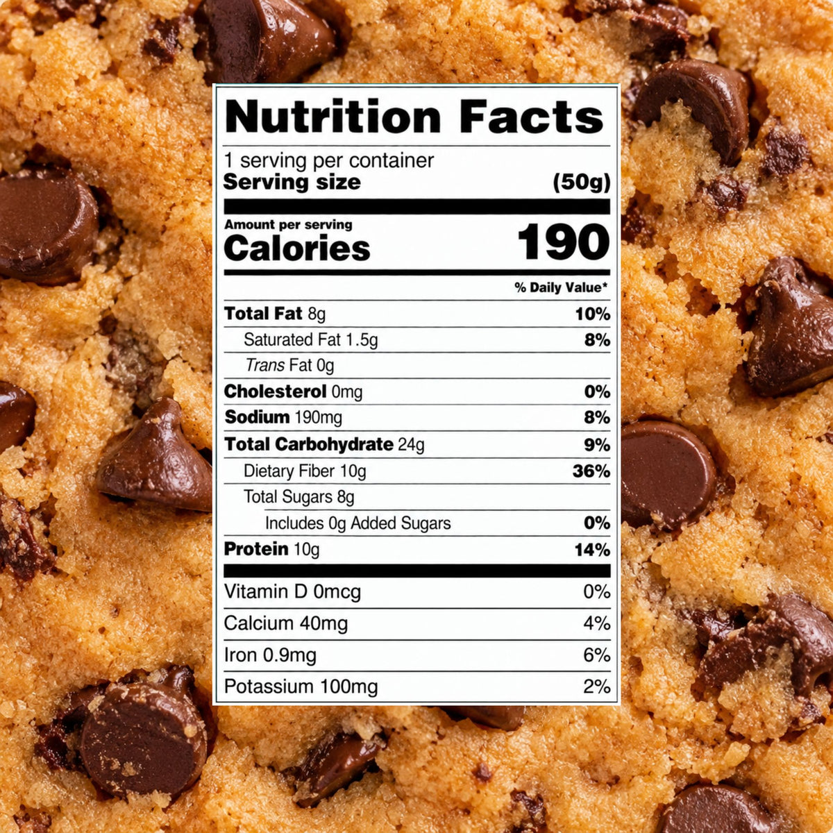 A close-up of a chocolate chip cookie with a centered Nutrition Facts label overlaid on the front, showing serving size and calorie information.