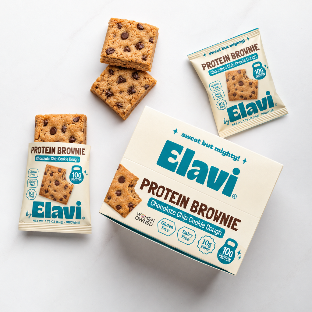 Overhead shot of Elavi's Chocolate Chip Cookie Dough Protein Brownies.