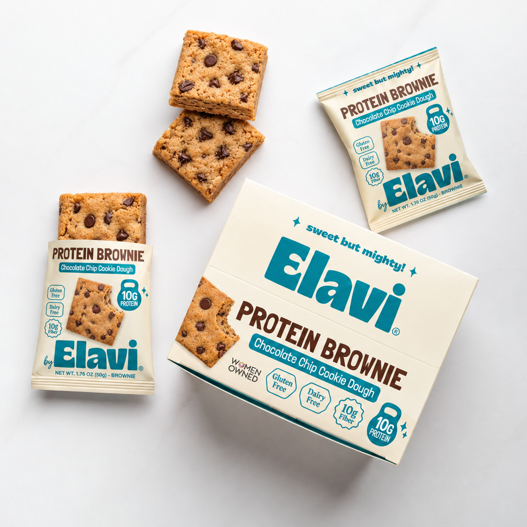 Overhead shot of Elavi's Chocolate Chip Cookie Dough Protein Brownies.