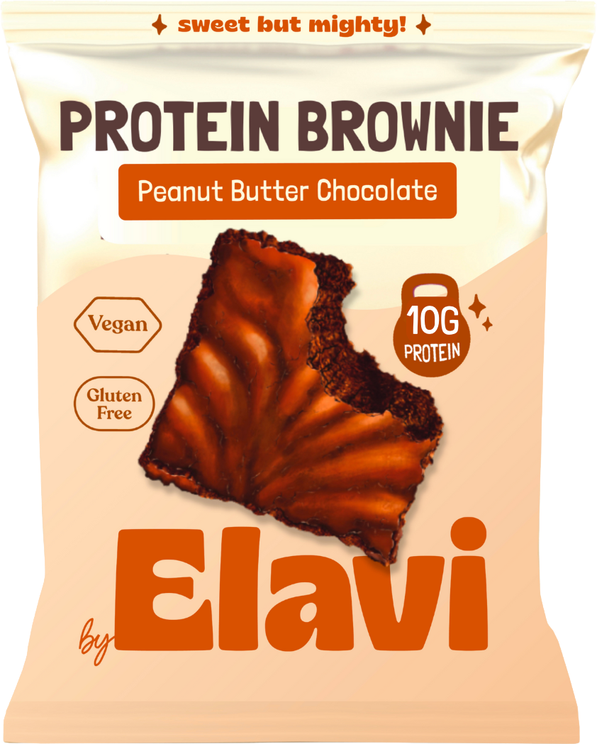 Protein brownie package with chocolate flavor, vegan, gluten-free, non-GMO, 11g protein.